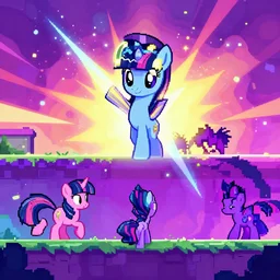 climactic cutscene of Queen Twilight Sparkle from My Little Pony as the epic final boss in a fast-paced 1v1 side scroller emotional thrillride #1 indie game on Steam. Mindblowing pixel art, gradient palette, particles, post-processing. Artstation intricate detail.