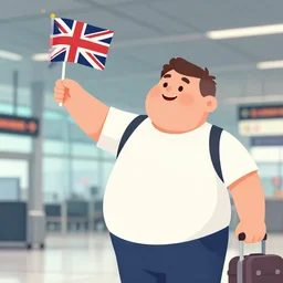 fat middle aged british man waving british flag in heathrow airport