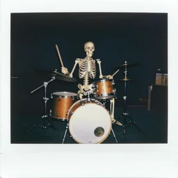 skeleton drummer, flash polaroid photo,