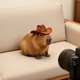 capybara with a minature brown cowboyhat on a couch, light on camera right below the eyeline, wide shot