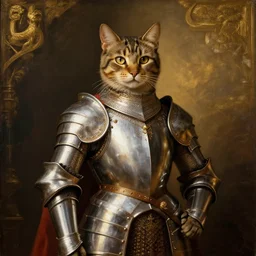 regal cat in knights armour!!!!, proudly posing for a portrait, painted by rembrandt, intricate, detailed, atmospheric lighting, golden hour.