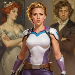 scarlett johansson as thick muscular zarya from overwatch, highly detailed, digital painting, artstation, sharp focus, illustration, art by tan zi and ayanamikodon and alphonse mucha and wlop