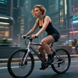 scarlett johansson riding a futuristic bike in cyberpunk city, realistic, cinematic, hdr