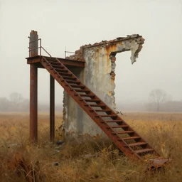 rusty broken building constructions of a staircase, the ruins, in the steppe, autumn field, misty background, from the game pathologic 2, early morning, matte painting, by isaac levitan and asher brown durand,