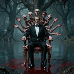 a portrait of ( a man in a tuxedo with five heads, twelve arms, and sixteen legs ), sitting on ( chair made of human limbs ), ( the chair is floating in a lake of blood ), ( in the lake is a giant melting tree ), digital art, hyperrealistic nightmare scene, supernatural, highly detailed, creepy, terrifying