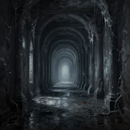 the countless dark hallways of the lost spirit, melting, acidic, cold, 4K resolution, large scale landscape painting