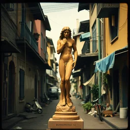 vintage color photo of a bernini terracotta sculpture in the middle of a poor brazilian favela street, image by werner herzog