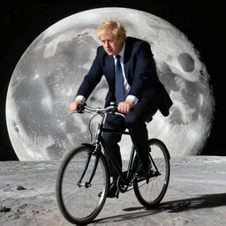 A professional photo of Boris Johnson riding a bicycle on the moon; high-quality, dramatic lighting, extremely high detail, trending on artstation