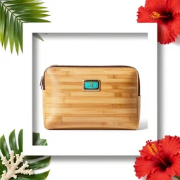 studio photo of an airline pouch, bamboo and leather, palm, white coral, turquoise touch, beautiful and modern, centered, white background, 4K, octane render, Fiji style by Chanel, red hibiscus flower, bold white frame