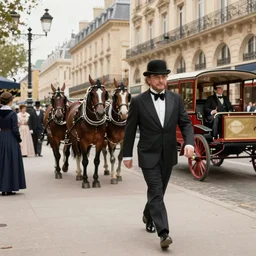 artist ewan mcgregor is walking in early 2 0 th century paris. he is a gentleman and wears a bowler hat, horses, horse carts, horse cartridges on streets, walking ladies and gentlemen an early car prototype, early 2 0 th century tram, by d'edouard cortes