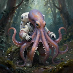 octopus astronaut in forest,  artstation oil painting 8k intricate dramatic cinematic mood backlight