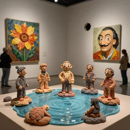 plasticine sculpture stop motion. john craxton. salvador dali clay models. visitors. gallery painting of flower. water floor. room with a hole in wall. high detail. photorealistic