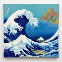 painting of waves in the ocean with mountains in the corners, canvas, acrylic paint, by andy warhol, by roy liechtestein, isometric, 4 k, ultra - hd