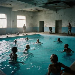 a post apocalyptic abandoned indoor swimming filled with zombies, 35mm color film