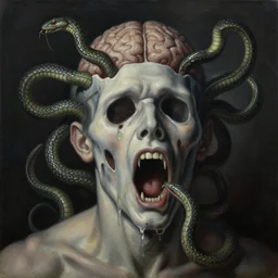 an oil on canvas painting of a screaming decapitated man's melting face with blank eye sockets and biting serpents swarming out of his exposed brain, a surrealist painting, polycount, surrealism, surrealist, lovecraftian, cosmic horror