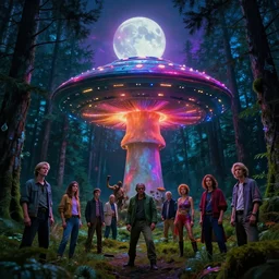 dramatic mushroom ufo crash in murky evergreen forests under colorful neon moon, highly detailed, cinematic, synthwave, tim white, vladimir kush, chris foss, roger dean, philippe druillet, michael whelan, lisa frank, bob eggleton, alfred kelsner, kubrick