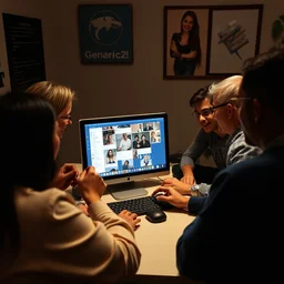 a bunch of people around a computer looking at a chat with images