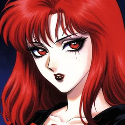 highly detailed portrait of 9 0 s seinen manga art of goth woman with red hair, black makeup, and red eyes.