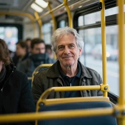 Solaire of Astoria riding on the city bus, realistic, blurry background