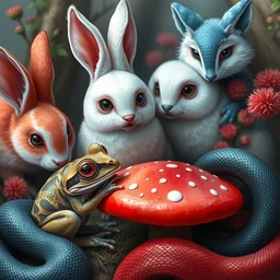 little frog eats mushroom, red rabbits, white owls, blue fox, digital art, ultra sharp, extreme details, snakes, ultra detailed
