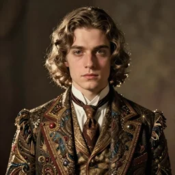 1930s portrait of a young anorexic man with shoulder length hair and extravagant clothes