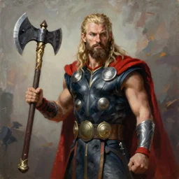 painting of god of thunder holding a withered axe;immaculate scale, hyper-realistic, Unreal Engine, Octane Render, digital art, trending on Artstation, 8k, detailed, atmospheric, immaculate