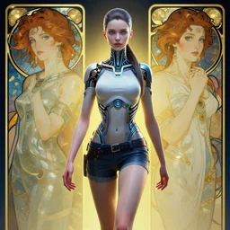 cyberpunk full shot, strolling pose, very detailed, cgsociety, artstation, female, clean, symmetry, blue eyes, nice clothing, intricate, impossible beauty, golden ratio, eye implant bionic, ponytail, staring in the void, art by krenz cushart and artem demura and alphonse mucha