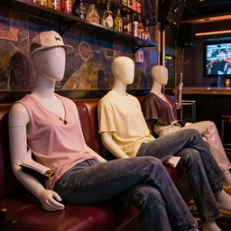store mannequins relax at a karaoke bar