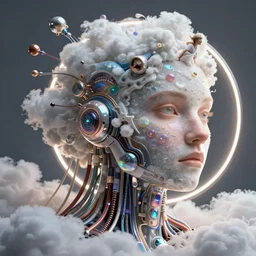 portrait of a person made of fluffy clouds by artur tarnowski and jusepe de ribera and irakli nadar, futurepunk, cybernetic components!!, electrical wiring!, ring light, closeup, fantasy art, highly detailed, digital art, masterpiece, pearlescent, opalescent, iridescent, transhumaninsm!