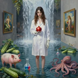 painting of a tall emo girl holding a pomegranate in a flooded art gallery, waterfall, paintings on the wall, courgettes, beaker of coloured liquid, pigs, hemp ropes, octopus, lab coat, latex gloves, zen, sensual, surrealist, by magritte and monet