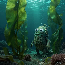 detailed effervescent ocean with large sea kelp, an ornate, funny sea monster, creature with large eyes, by maurice sendak, shaun tan, made in hyperrealistic 3 d, octane render, dark green colours, nighttime