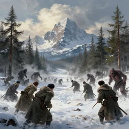 wide shot of soldiers with russian hats and long woolen coats in battle with undead monsters in tundra between pine trees underneath big mountains with giant clouds, digital painting by rembrandt, volumetric lighting, concept art, artstation, epic 8 k