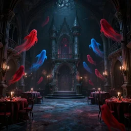 interior view of a dark and gritty surrealist castle ball room with red ghosts and blue spectres flying all over the place, in the style of the best artist possible