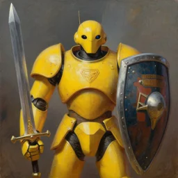head-on portrait of a yellow android wearing paladin armor and carrying a big sword and a huge heavy shield, by Roger Dean, by Anton Fadeev, by albert bierstadt, magical realism, oil on canvas, soft render, octane, artstation
