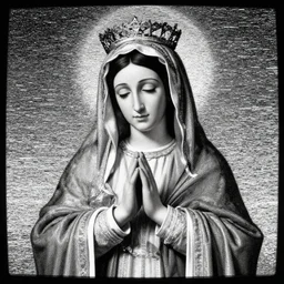vhs static overlay of virgin mary, vhs, 1 9 9 0, highly realistic, highly detailed, vhs noise static, black and white, vhs glitch