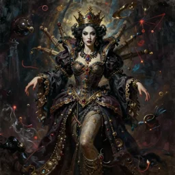 hyper-realistic painting of the queen of deception and mischief, beautiful woman, chaotic evil energy, dark fantasy art, photorealistic, hyper realistic, beautiful face, attractive body, queen crown, full body, intricate, realistic, cinematic lighting, volumetric lighting, trending on artstation, artstationHD, 8k, highly detailed