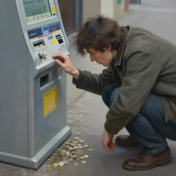hyper - realism amnesiac painting, a person looking for coins on the ground to use a machine, frantically searching, looking for credits, tokenized capitalism, focus on oxymoronic dichotomy, you have to pay to play