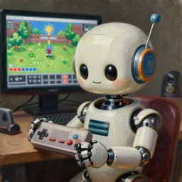 an elaborate cute robot holding a retro game controller in its hand, on screen video game shown in background, intricate details, hyperrealistic oil painting on canvas, deep depth field, hd, hdr, 4 k, 8 k, by gerardo dottori, oil on canvas