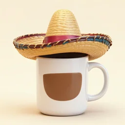 anthropomorphic ( coffee mug ) wearing!!!! a [ [ sombrero ] ] on it's head, photograph,