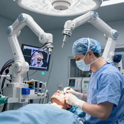 a of a face transplant in an operating room with robotic surgeons with a lot of wires and video monitors , photorealistic,by Wlop,4k resolution