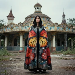 a woman wearing a cloak made of butterflies, in an abandoned theme park, by omar z. robles, canon eos c 3 0 0, ƒ 1. 8, 3 5 mm, 8 k, medium - format print