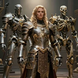 still frame from Prometheus movie by giger, undead king knight editorial by Malczewski, ornate war automaton construct by Peter Mohrbacher, biomechanical bone cyborg concept art, elaborate bionic android by Wayne Barlowe