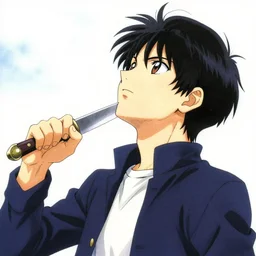 illustration of an anime character holding a knife and looking up in the sky, drawn by takehito harada and yoji shinkawa