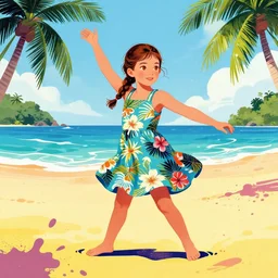 a five - year - old girl with honey brown eyes and hair in a braid, wearing a hawaiian dress, dancing on a tropical beach, portrait, wide shot, midday light, bright colors, illustration, pop art, splash painting, graphic novel, art by geof darrow, ashley wood, alphonse mucha