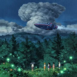 illustration of a spaceship over a rainy giant forest with luminescent flowers at night with cummulonimbus clouds by makoto shinkai, by moebius!!, by oliver vernon, by joseph moncada, by damon soule, by manabu ikeda, by kyle hotz, by dan mumford, by kilian eng, by nico delort