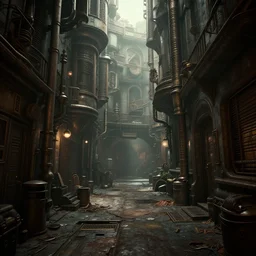 a dingy, grungy steampunk alleyway from an alternate future. dimmed bright scene. fine detail. this 4 k hd image is trending on artstation, featured on behance, well - rendered, extra crisp, features intricate detail, epic composition and the style of unreal engine.
