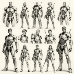 detailed pencil spot illustrations of various character concepts from the overwatch and destiny crossover, various poses, cybernetics, futuristic, by bridgeman, by burne hogarth, by ruan jia, by conrad roset, by yoshitaka amano, cgsociety, artstation.