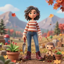 a stopmotion animation character, a beautiful canadian woman, gardening, very attractive, messy dark grey hair, striped sweater, tight denim jeans, maroon doc marten boots, canadian maple leaves blowing about, mountains, autumn, unreal engine 5, 8 k, kubo and the two strings, disney, pixar,