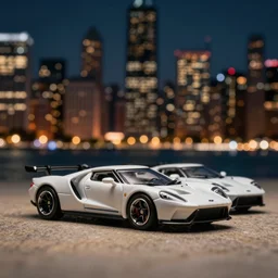 3 5 mm photo of ford gt, like die cast model, with a blur chicago city night as background, golden ratio, hyper realist, dramatic lighting, medium shot, shallow depth of field, 8 k, epic cinematic, epic lighting