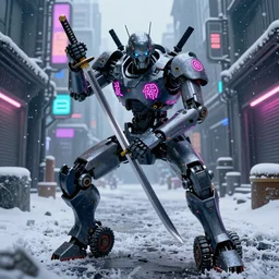 a samurai robot with neon kanji tattoos and wheel legs gripping a perfectly detailed full-length katana in their hand with a badass pose. Snowy Grungy neon cyberpunk alleyways in the background Badass pose , Photo realistic , Gregory Crewdson , Award winning. Masterpiece, exquisite detail, post processing